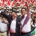 Socialist Party (PSOE) Secretary General Pedro Sanchez (R) greets next to regional presidential candidate Ximo Puig as he arrives at an electoral meeting at the bull ring in Valencia, Spain, May 16, 2015. REUTERS/Heino Kalis - RTX1D7SD