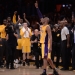 Apr 13, 2016; Los Angeles, CA, USA; Los Angeles Lakers forward Kobe Bryant (24) waves to the Staples Center crowd as he leaves the game against the Utah Jazz in the closing seconds. Bryant scored 60 points in the final game of his career. Mandatory Credit: Robert Hanashiro-USA TODAY Sports - RTX29VHM