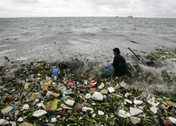 A man collects recyclable plastic materials, washed ashore by waves, which will be sold for 21 pesos ($0.48) in exchange for food in Manila  August 2, 2008. REUTERS/Cheryl Ravelo (PHILIPPINES) - RTR20K6N