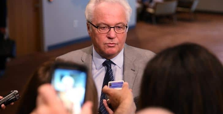 Vitaly Churkin, Russian ambassador to the United Nations, speaks to the media at United Nations headquarters in the Manhattan borough of New York, U.S., August 11, 2016. REUTERS/Carlo Allegri/Files