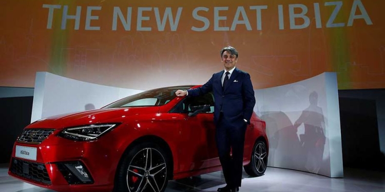 President and CEO of SEAT Luca de Meo poses with the new Seat Ibiza (5th generation) during the launching event in Barcelona, Spain January 31, 2017. REUTERS/Albert Gea - RTX2Z1KA