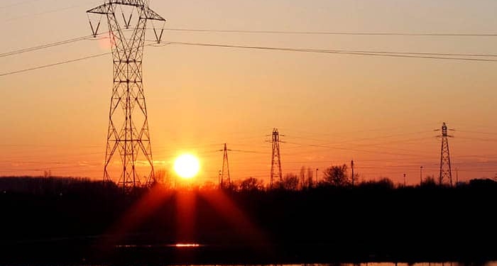 Pylons of high-tension electricity power lines are seen during sunset in Bordeaux, France, January 27, 2018. REUTERS/Regis Duvignau