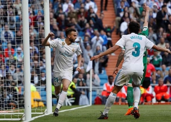 Soccer Football - La Liga Santander - Real Madrid vs Leganes - Santiago Bernabeu, Madrid, Spain - April 28, 2018  Real Madrid's Borja Mayoral celebrates scoring their second goal   REUTERS/Javier Barbancho