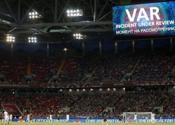 Soccer Football - Cameroon v Chile - FIFA Confederations Cup Russia 2017 - Group B - Spartak Stadium  Moscow  Russia - June 18  2017   A message is displayed on the big screen while Chilea  s Eduardo Vargas  goal is reviewed by the VAR and later disallowed   REUTERS Carl Recine