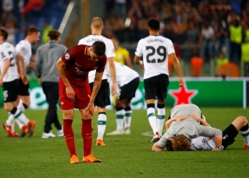 Soccer Football - Champions League Semi Final Second Leg - AS Roma v Liverpool - Stadio Olimpico, Rome, Italy - May 2, 2018   Roma's Patrik Schick looks dejected after the match as Liverpool players celebrate   REUTERS/Tony Gentile