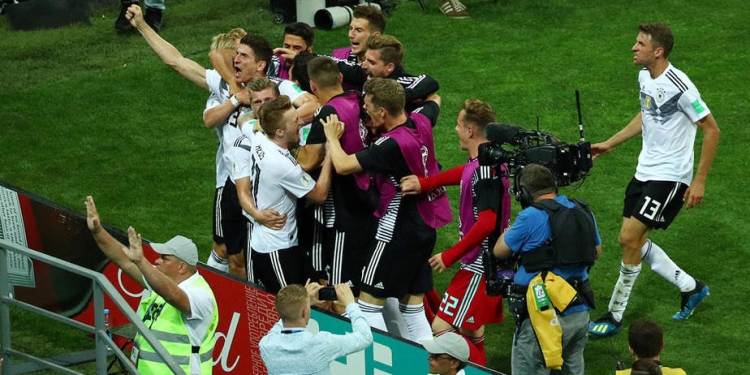 Soccer Football - World Cup - Group F - Germany vs Sweden - Fisht Stadium, Sochi, Russia - June 23, 2018   Germany's Toni Kroos celebrates scoring their second goal with teammates   REUTERS/Hannah McKay