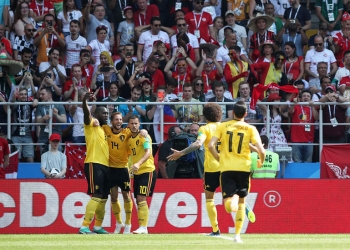 Soccer Football - World Cup - Group G - Belgium vs Tunisia - Spartak Stadium, Moscow, Russia - June 23, 2018   Belgium's Romelu Lukaku celebrates scoring their second goal with team mates           REUTERS/Albert Gea