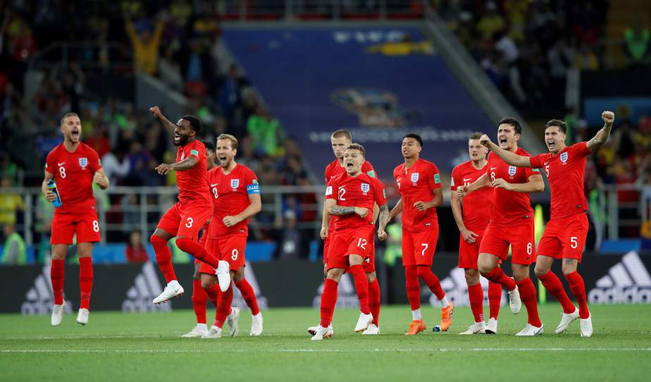 Soccer Football - World Cup - Round of 16 - Colombia vs England - Spartak Stadium, Moscow, Russia - July 3, 2018  England players react during the penalty shootout  REUTERS/Carl Recine