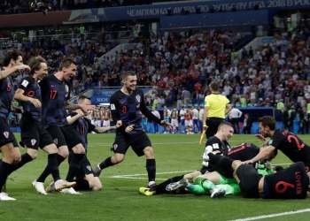 Soccer Football - World Cup - Quarter Final - Russia vs Croatia - Fisht Stadium, Sochi, Russia - July 7, 2018  Croatia players celebrate after winning the penalty shootout  REUTERS/Henry Romero