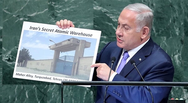 El primer ministro de Israel, Benjamín Netanyahu, mostró una imagen con el presunto almacén que escondería el material nuclear