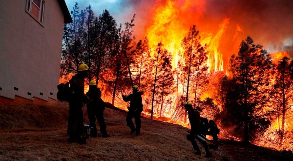 Grupo de bomberos combaten las llamas para intentar salvar un hogar en Paradise, California. REUTERS/Stephen Lam