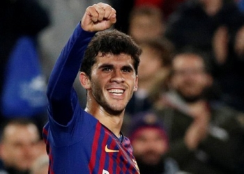 Carles Aleñá celebra su gol ante el Villarreal en el Camp Nou el pasado domingo (REUTERS)