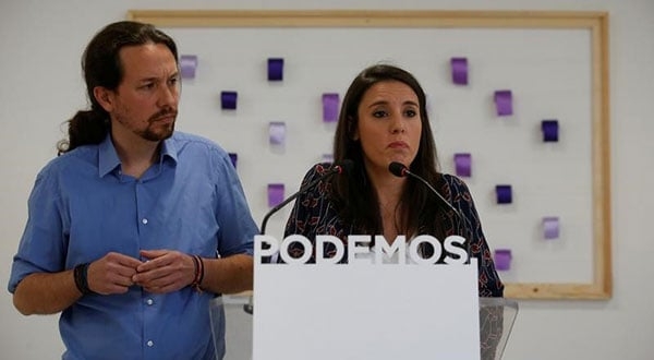 Los íderes de Podemos Pablo Iglesias e Irene Montero en una comparecencia en Madrid, España, el 19 de mayo de 2018.