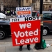 Un manifestante a favor del Brexit muestra una pancarta en la que se puede leer "Votamos salir" en las afueras del parlamento británico en Westminster.