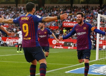 Lionel Messi celebra su tercer tanto ante el Sevilla. 23 de febrero de 2019.