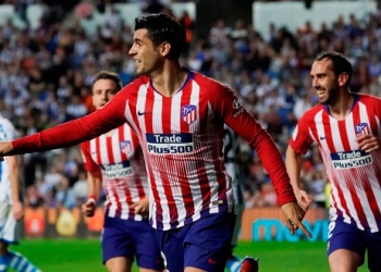 Álvaro Morata celebra su segundo gol en Anoeta.