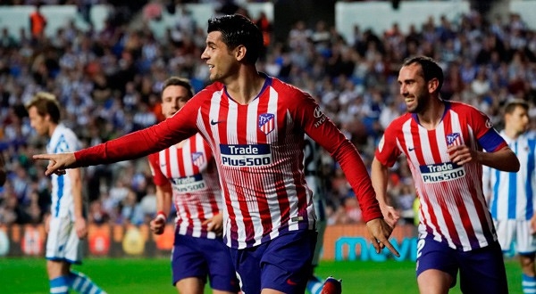 Álvaro Morata celebra su segundo gol en Anoeta.