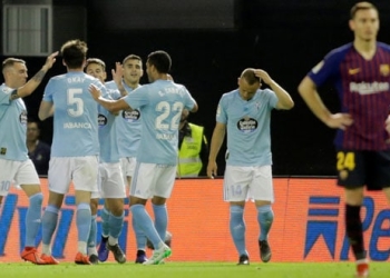 El Celta celebra su segundo gol ante el Barça