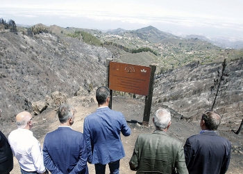 El presidente en funciones de España, Pedro Sánchez, y su comitiva observando los daños del incendio en Gran Canaria