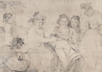 "Los borrachos", o "El triunfo de Baco"
1778. Goya. Lápiz negro sobre papel verjurado, 322 x 436 mm. Forma parte de la serie Pinturas de Velázquez [dibujo] que realizó Francisco de Goya.