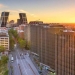 Distrito financiero horizonte al atardecer. Madrid, España.